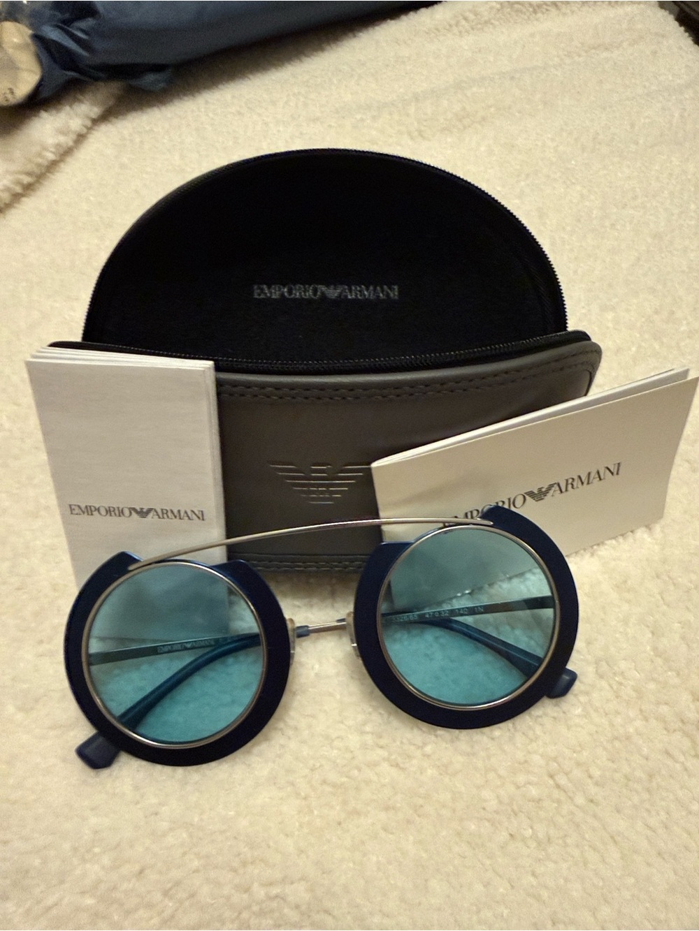 Emporio Armani Men’s Navy Blue Round Sunglasses with Light Blue Lenses